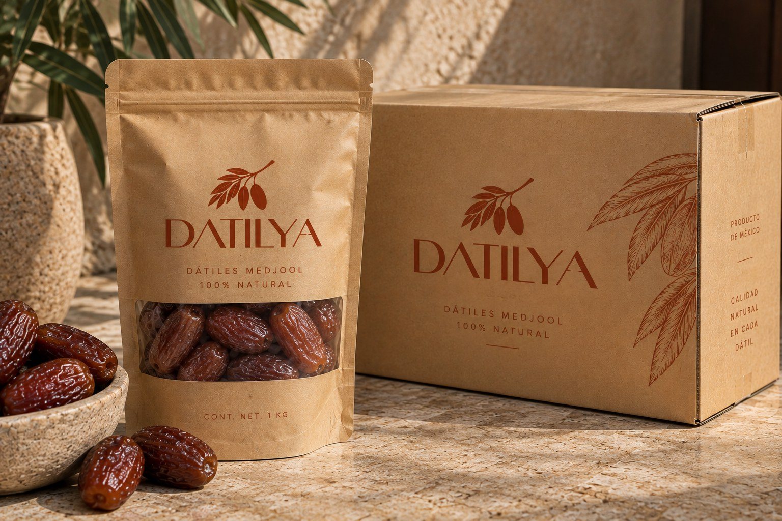 Bolsa Kraft de 1 kg y caja de mayoreo DATILYA
